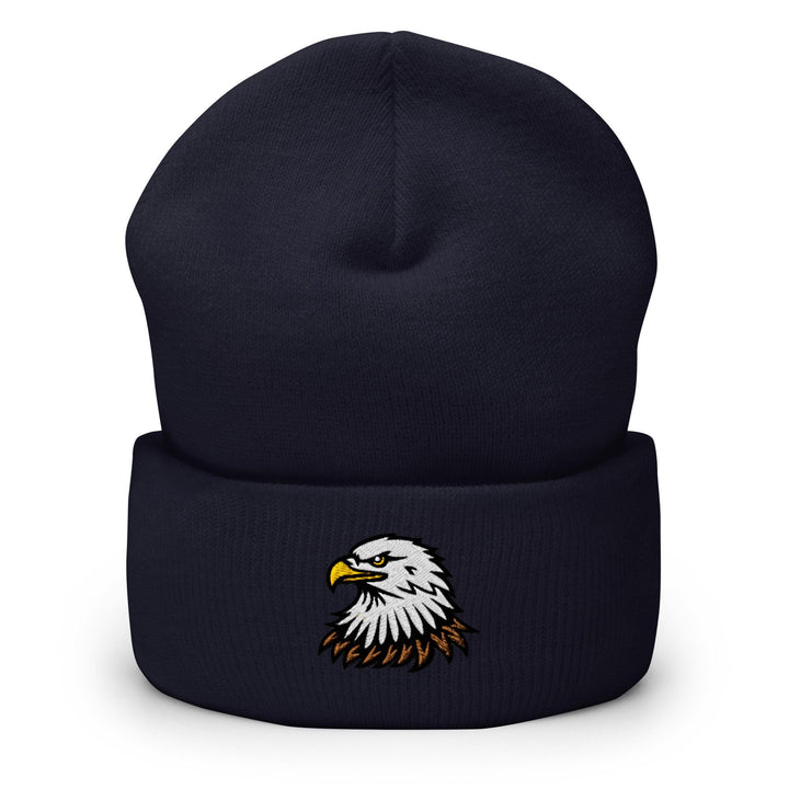a black beanie with an eagle on it