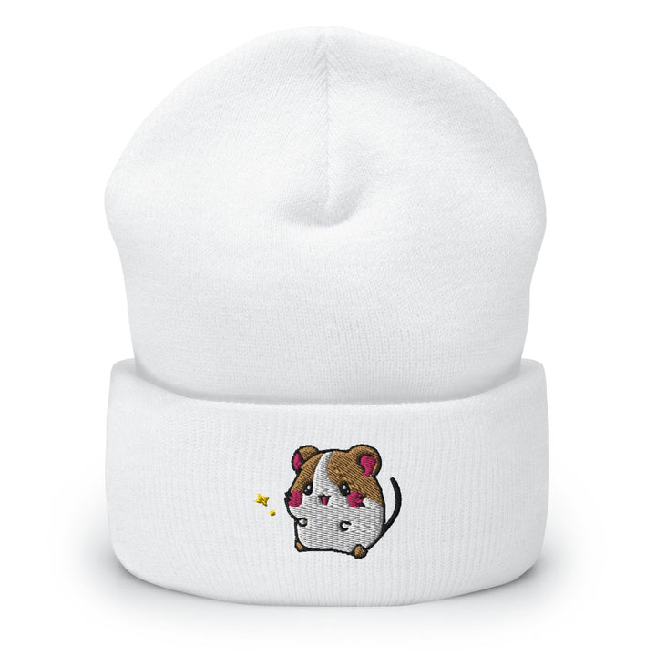 a white beanie with a cartoon dog on it