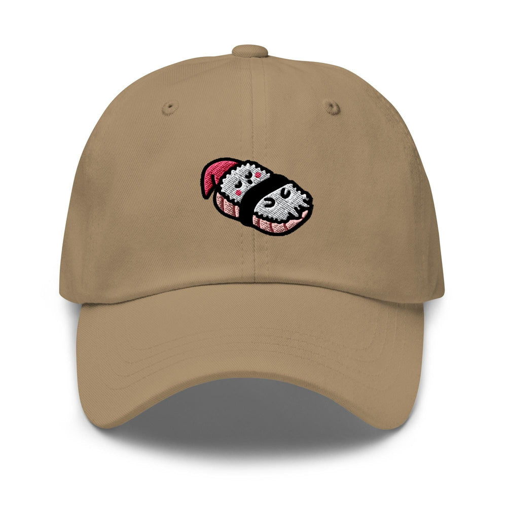 a tan hat with a sushi embroidered on it