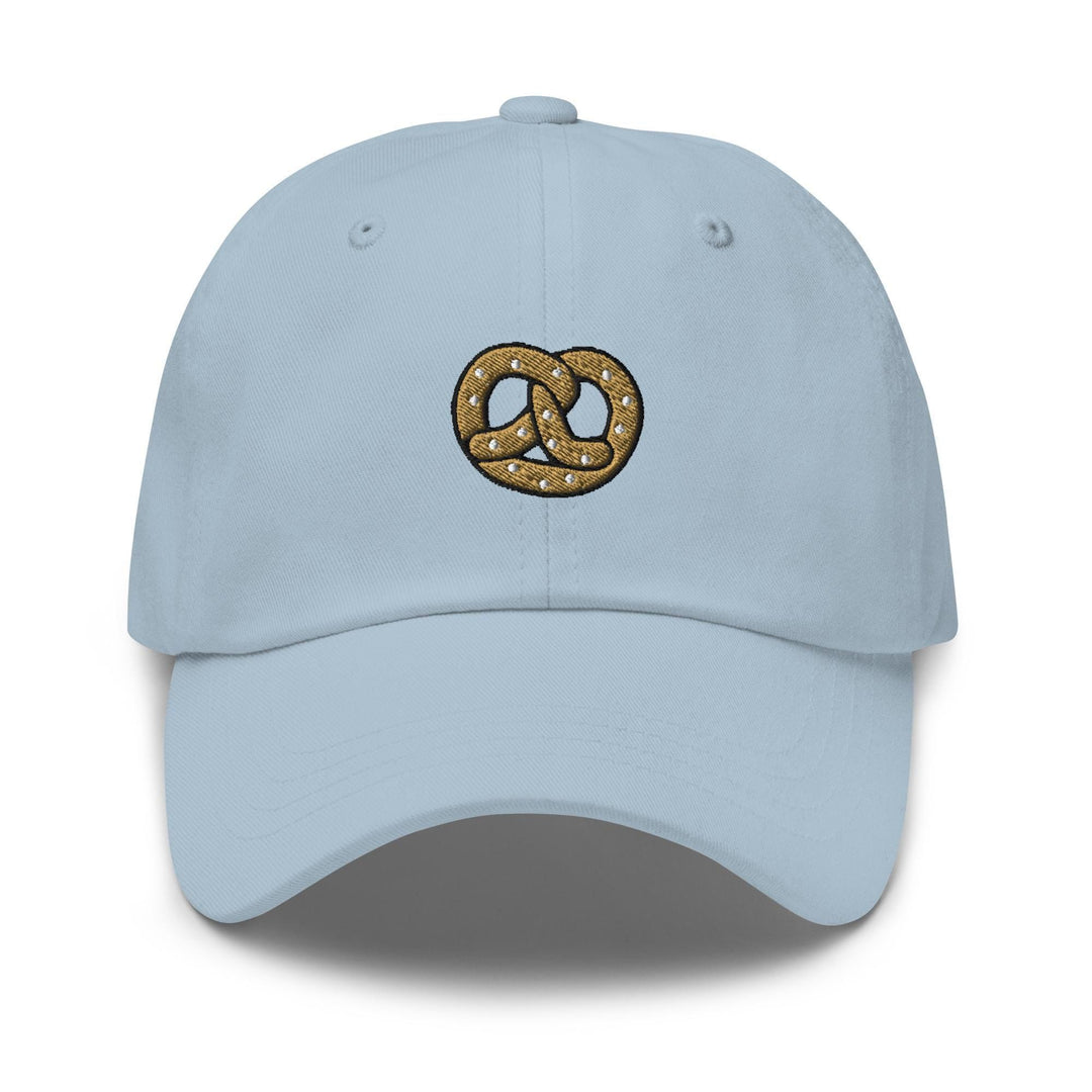 a light blue hat with a pretzel on it