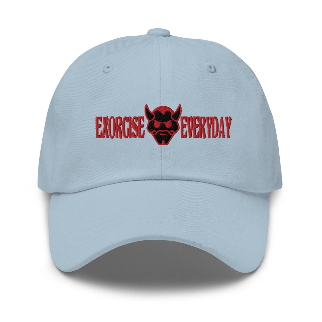 a light blue hat with the words exercise everyday printed on it