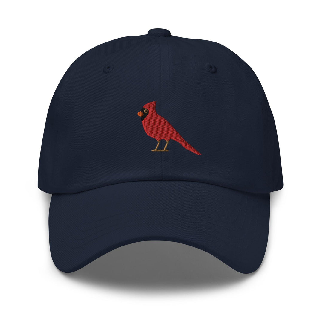 a baseball cap with a red bird embroidered on it