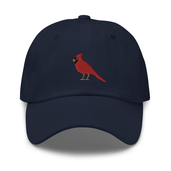 a baseball cap with a red bird embroidered on it