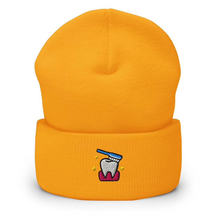 a yellow hat with a toothbrush on it