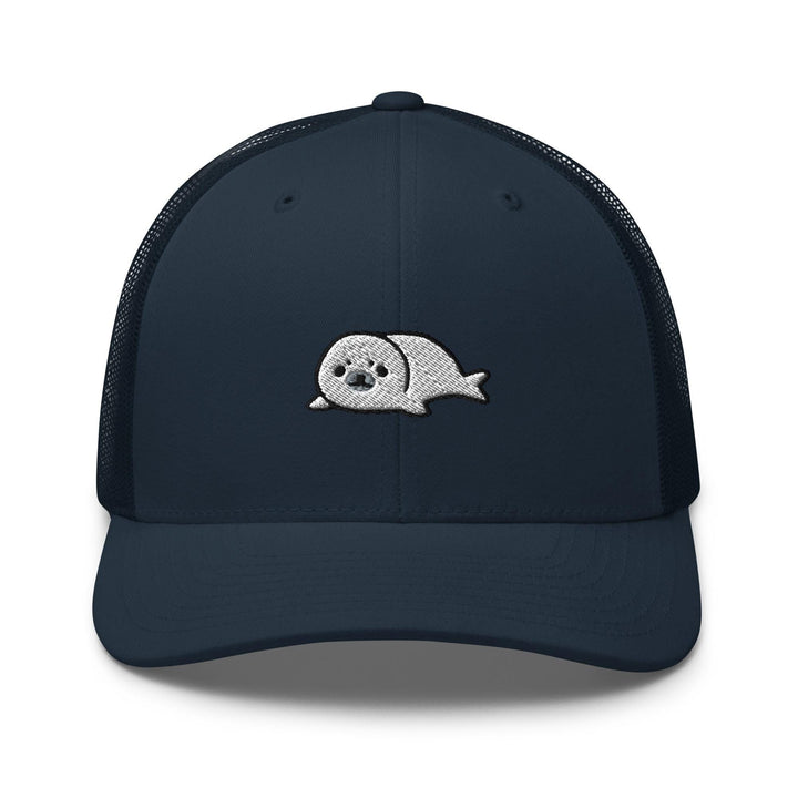 a blue trucker hat with a skull on it