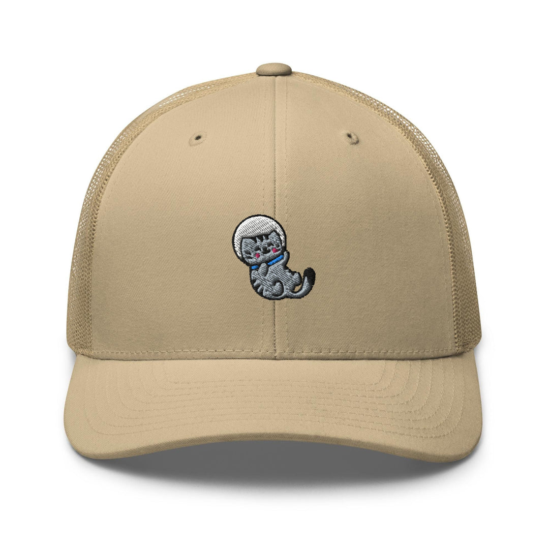 a tan trucker hat with a cartoon cat on it