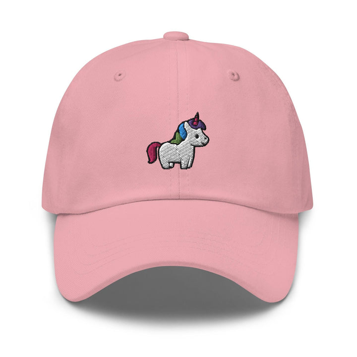 a pink hat with a unicorn embroidered on the front