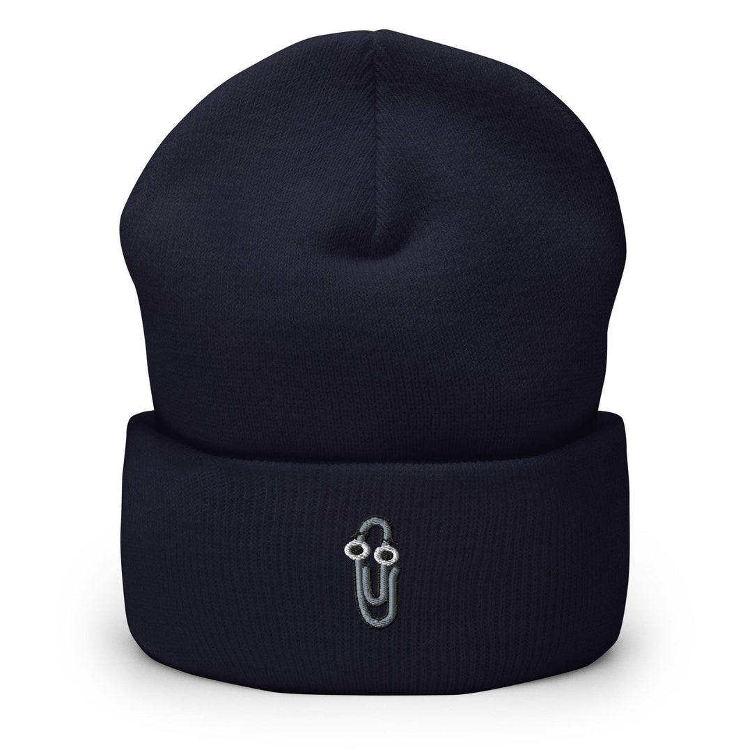 a black beanie with a silver logo on it