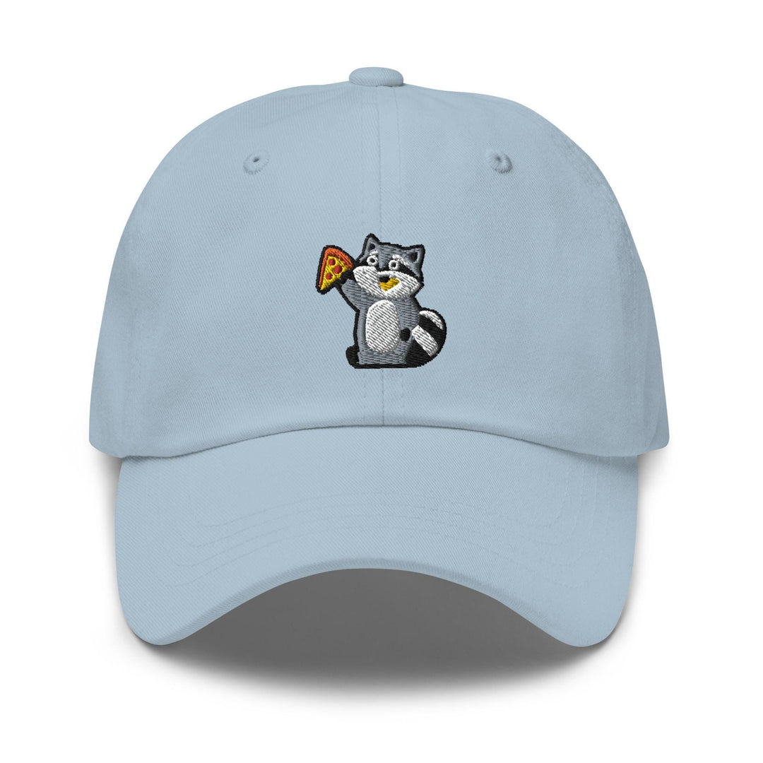 a light blue hat with a raccoon eating a piece of pizza