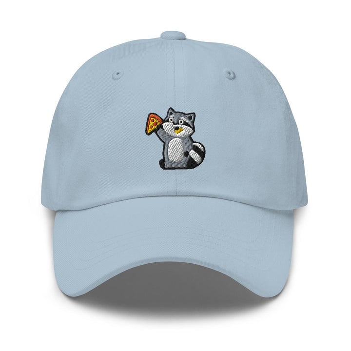a light blue hat with a raccoon eating a piece of pizza