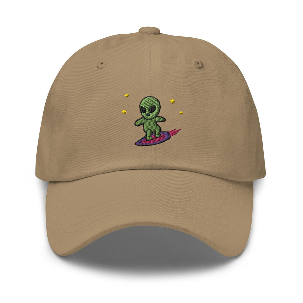 a tan hat with an alien on it