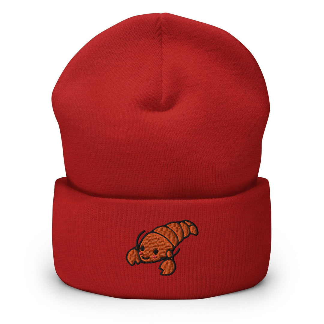 a red beanie with a cartoon character on it