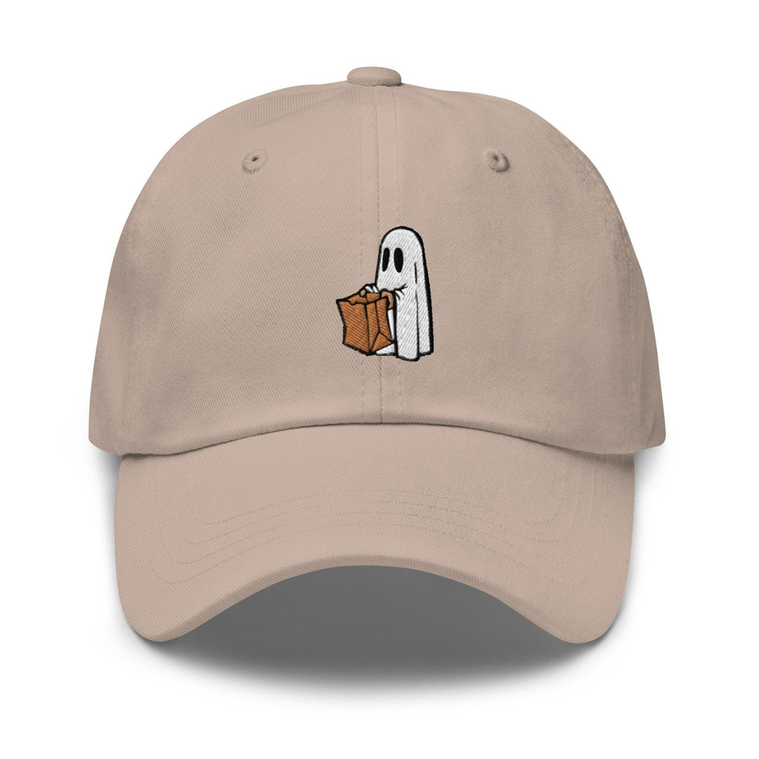 a hat with a ghost holding a bag