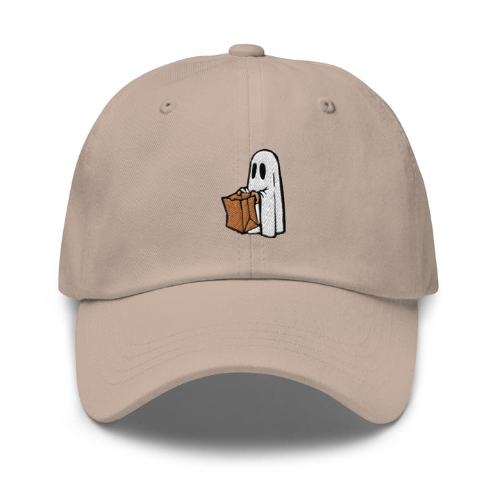 a hat with a ghost holding a bag