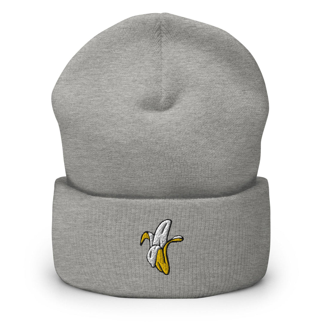 a gray beanie with a banana on it