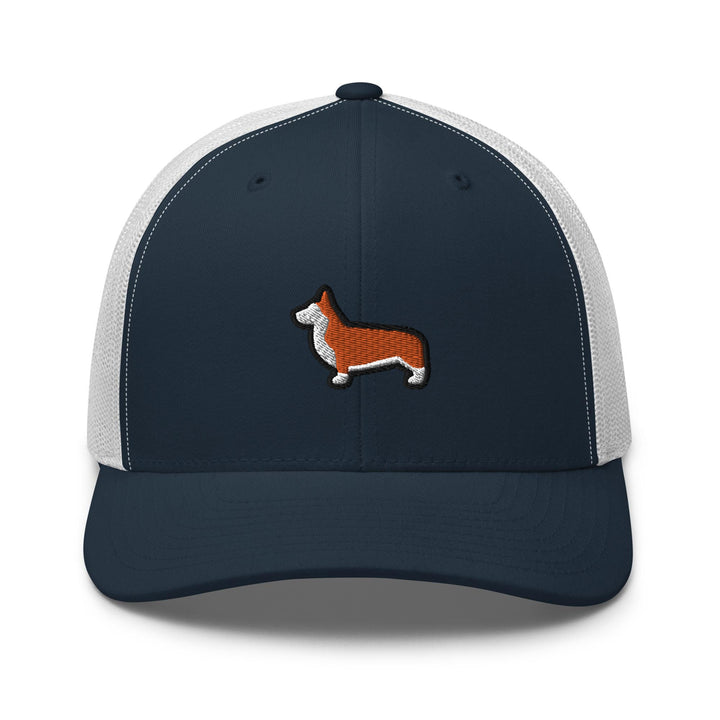 a blue and white trucker hat with a corgi embroidered on the front