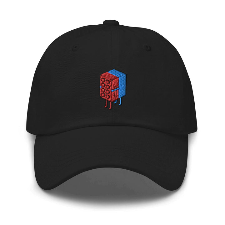 a black hat with a red and blue cube on it