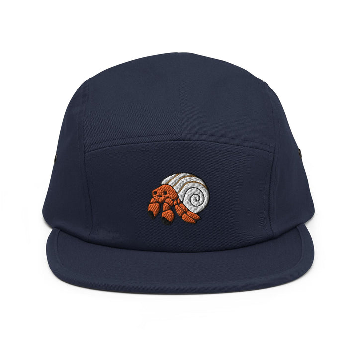 a blue hat with a snail embroidered on it