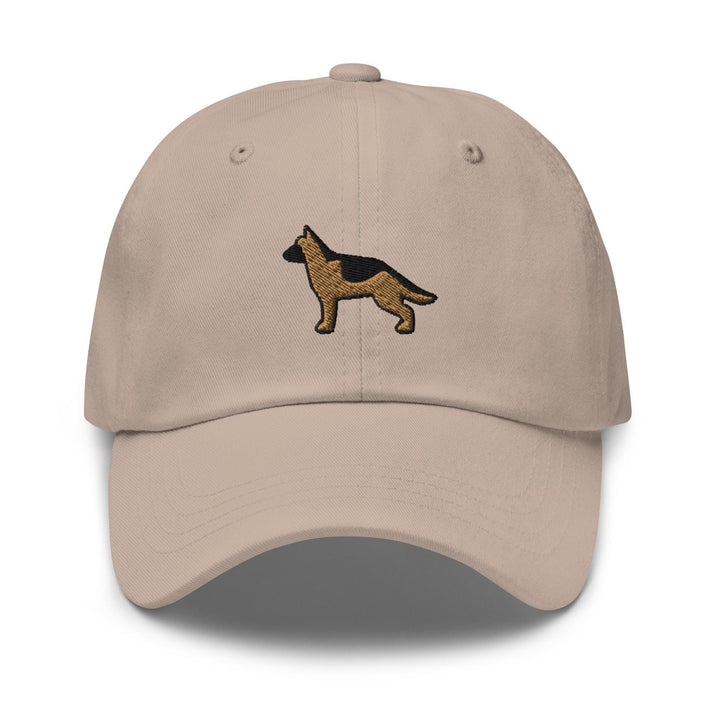 a tan hat with a dog embroidered on it