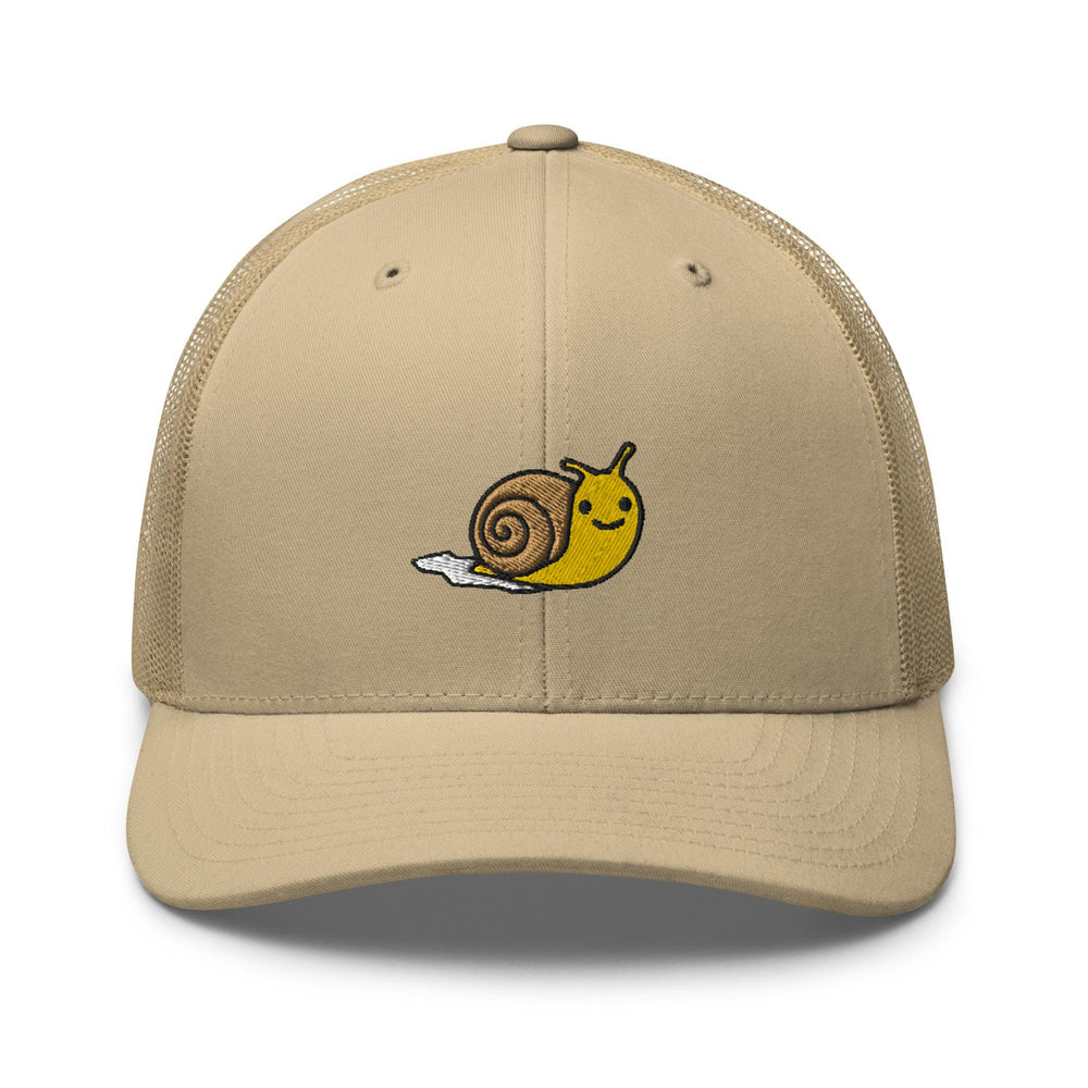 a tan hat with a snail on it