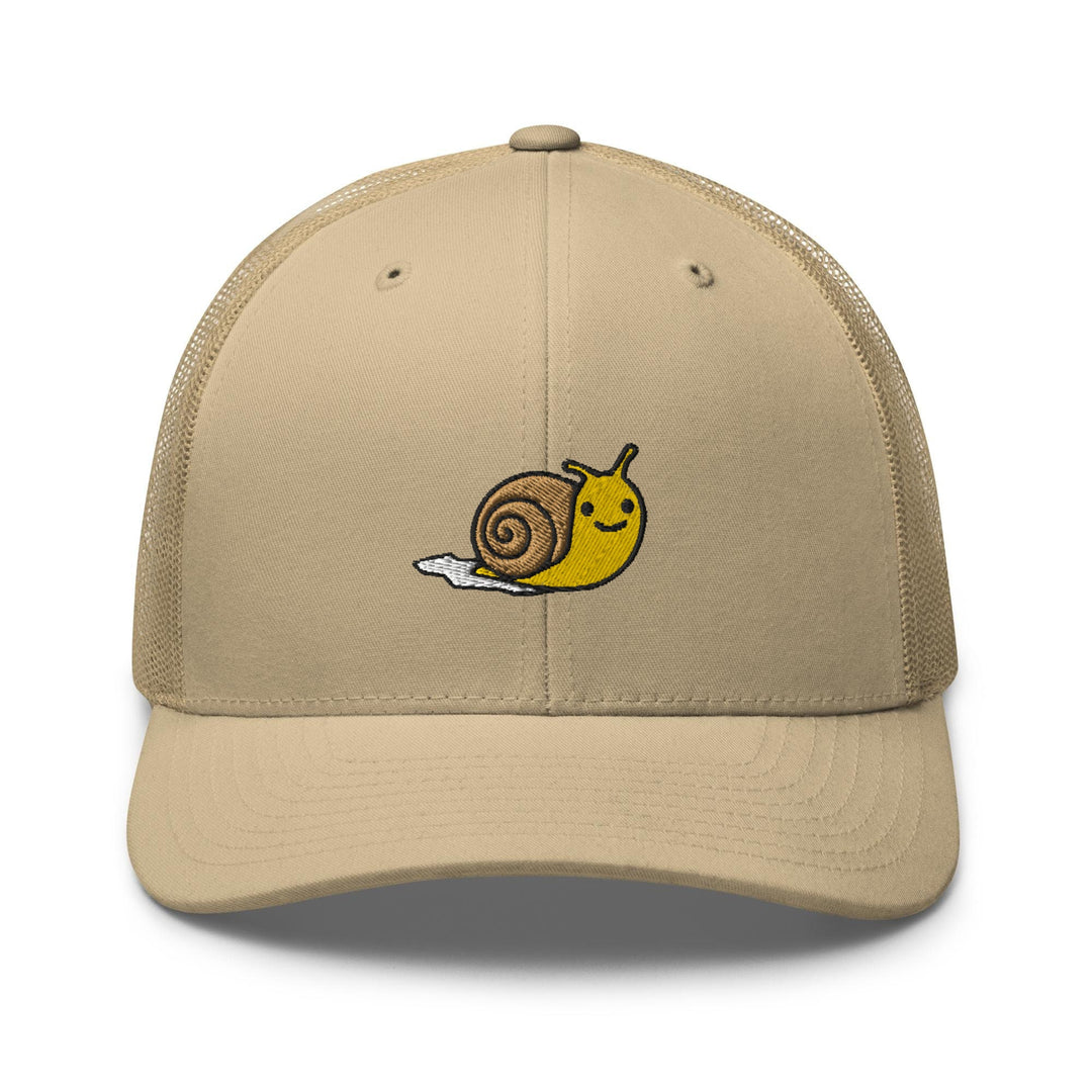 a tan hat with a snail on it