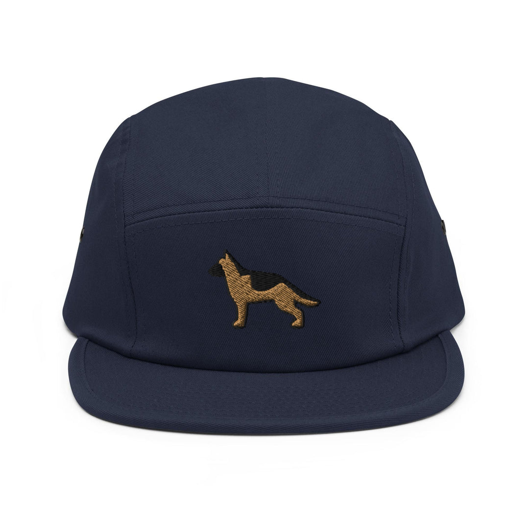 a blue hat with a dog embroidered on it