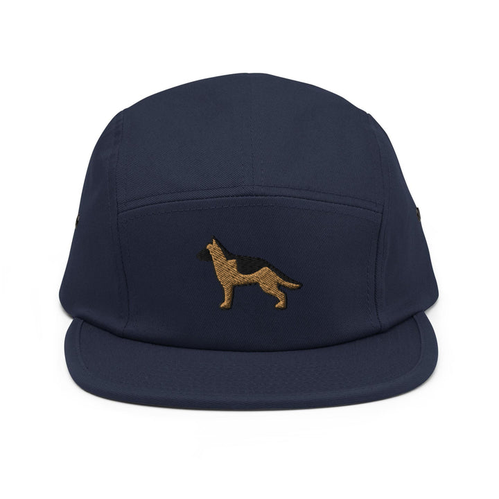a blue hat with a dog embroidered on it