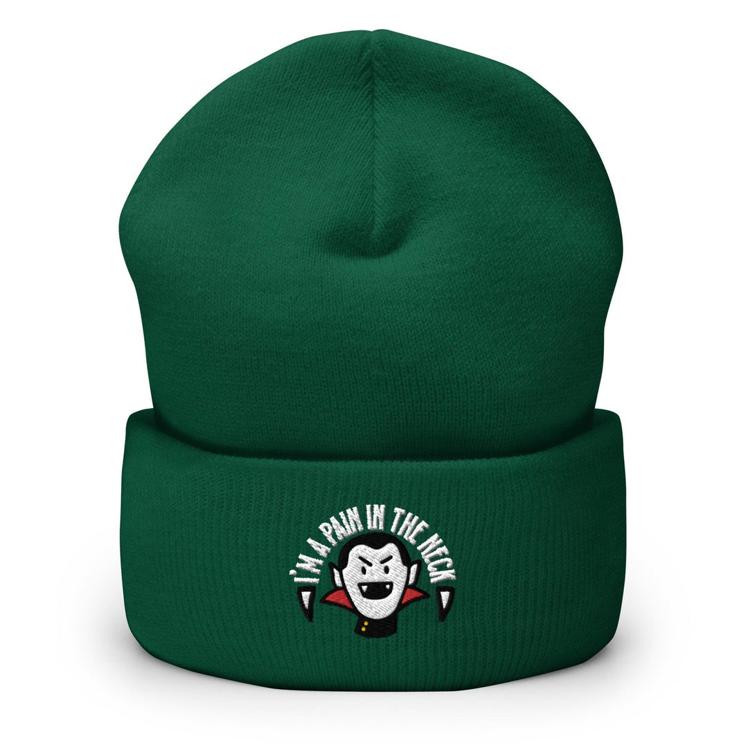 a green beanie hat with a cartoon character on it