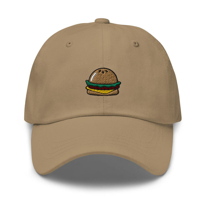 a tan hat with a hamburger embroidered on it