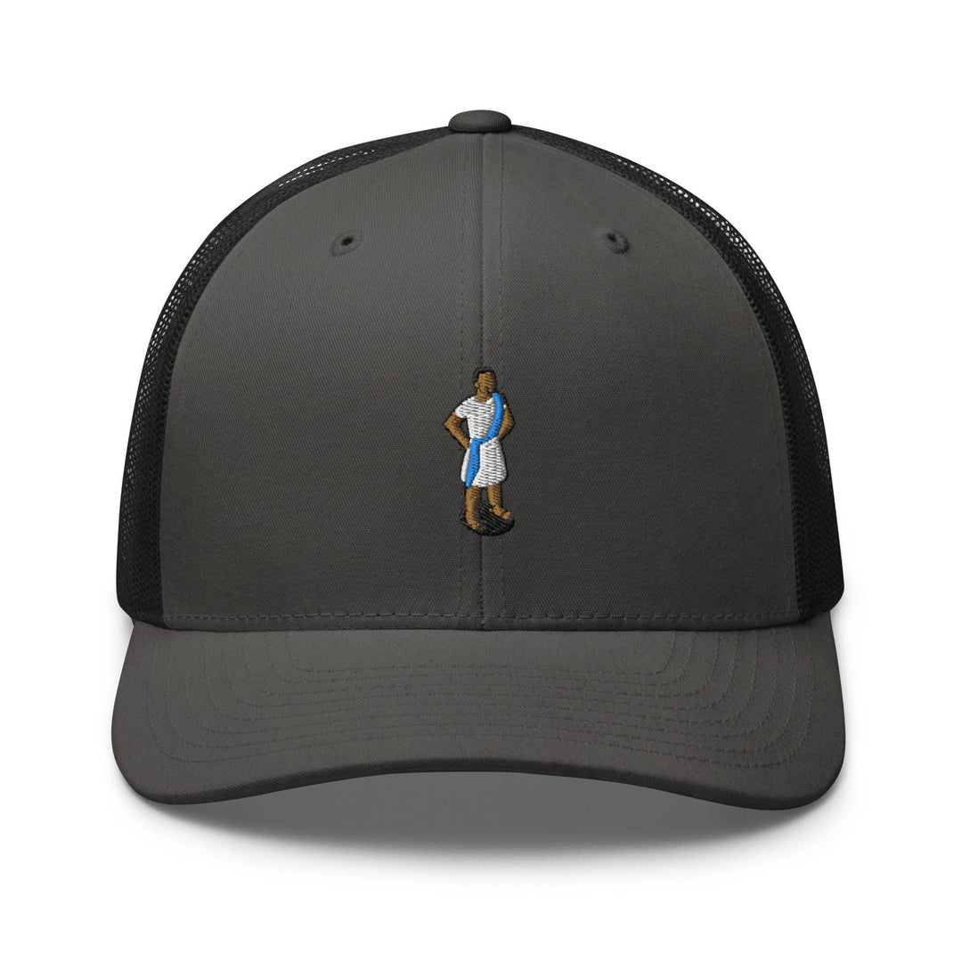 a gray and black trucker hat with a picture of a woman in a blue