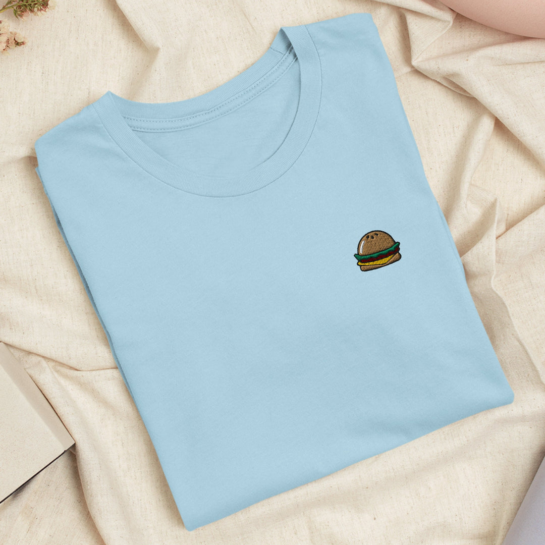 a blue shirt with a hamburger embroidered on it