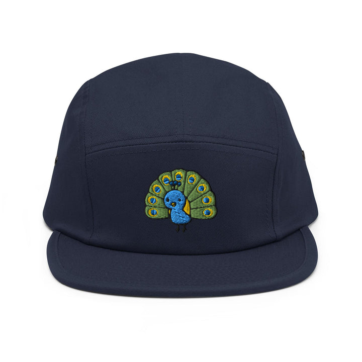 a blue hat with a picture of a peacock on it