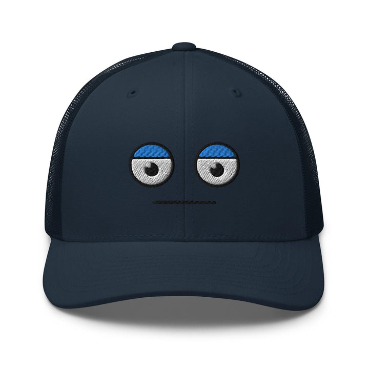 a blue trucker hat with a face drawn on it
