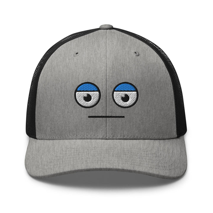 a gray and black hat with a face drawn on it