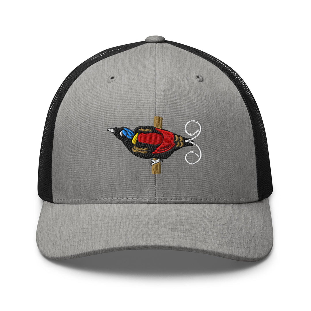 a gray and black hat with a bird on it