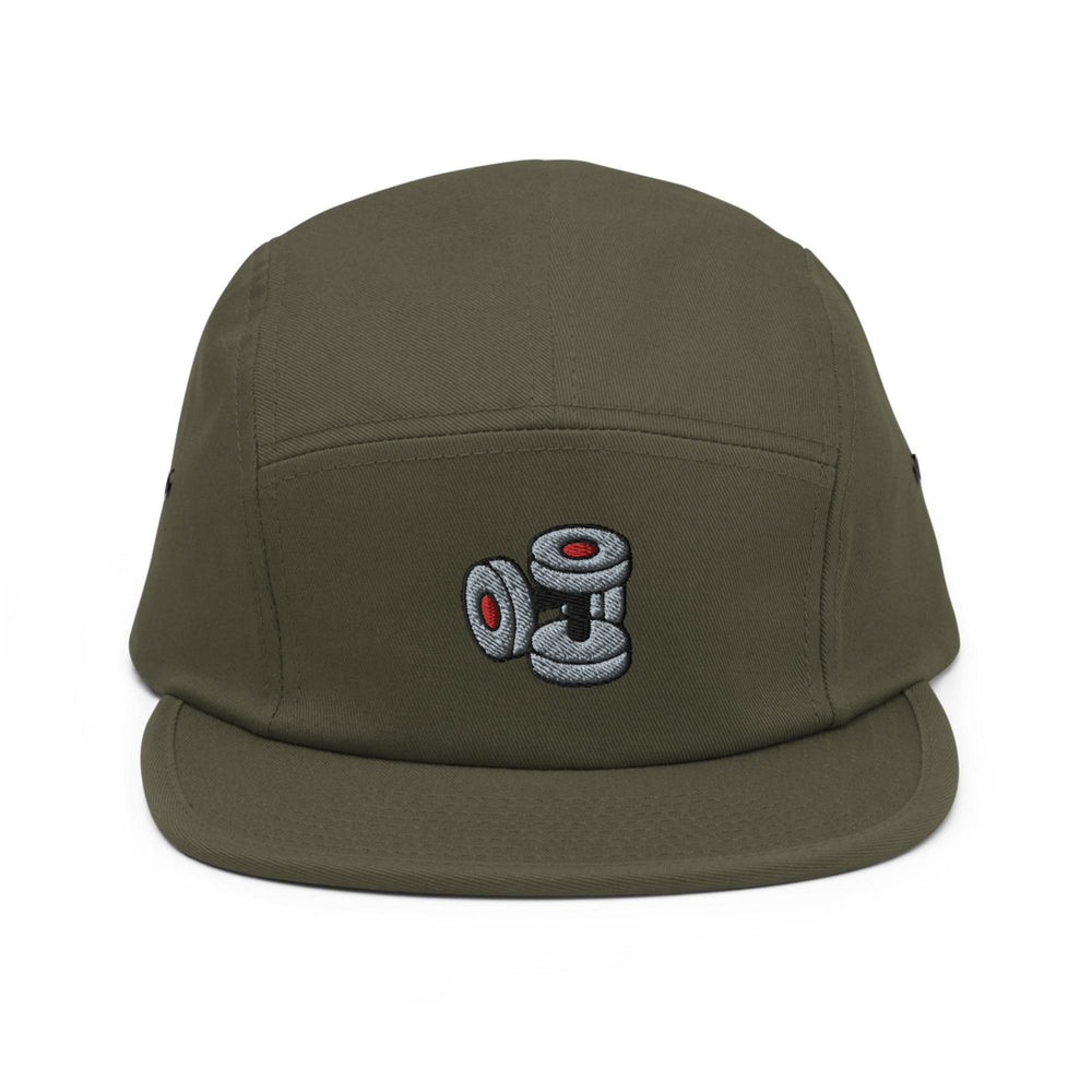 a green hat with a camera embroidered on it