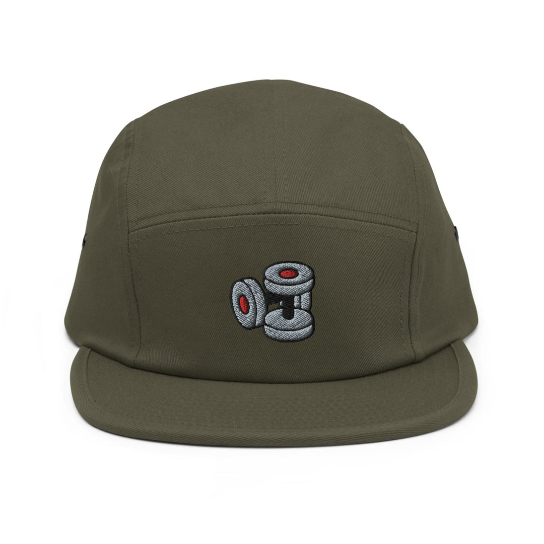 a green hat with a camera embroidered on it