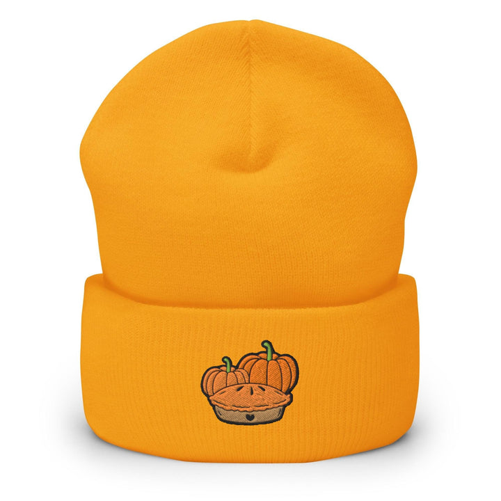 a yellow beanie with a picture of a pumpkin on it