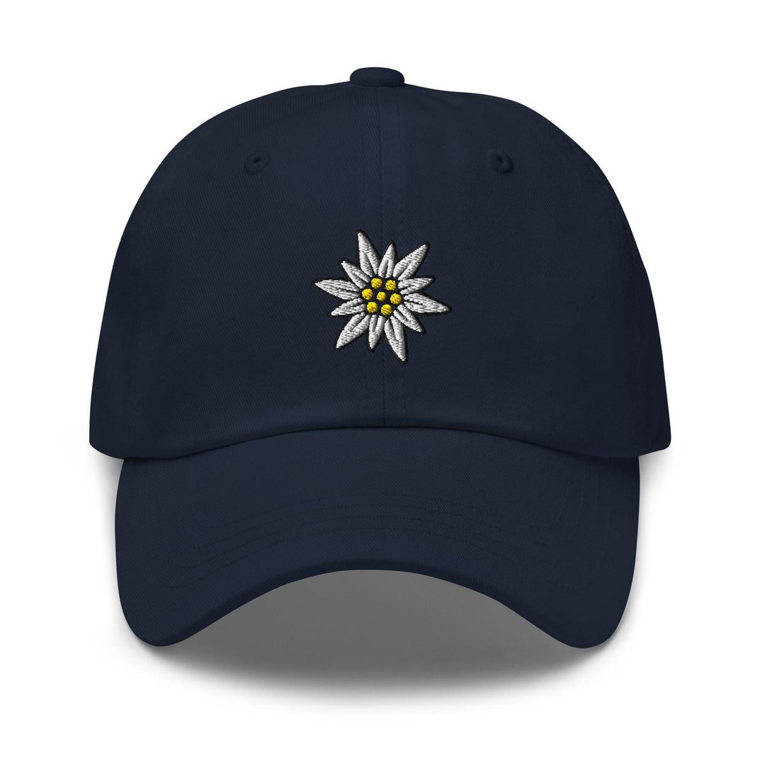 a blue hat with a white daisy on it