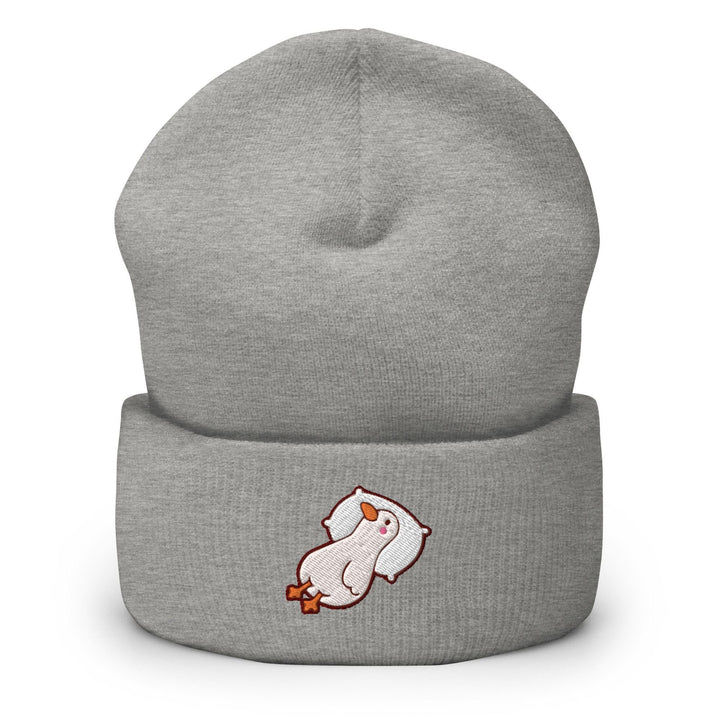a grey beanie with a white bear on it
