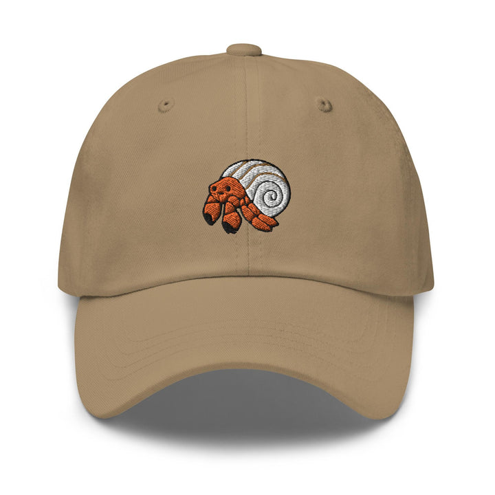 a tan baseball cap with an image of a snail on it