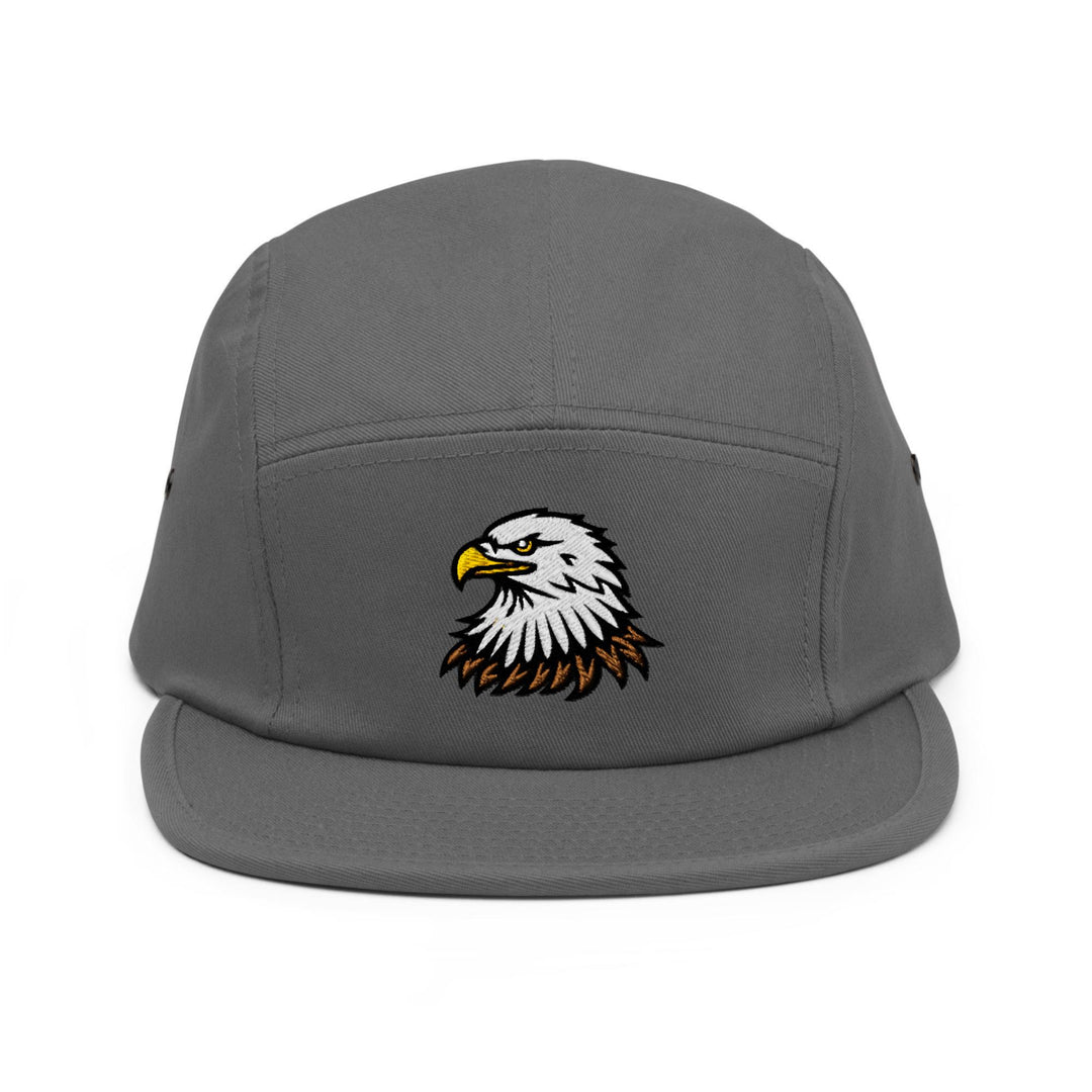 a gray hat with an eagle embroidered on the front