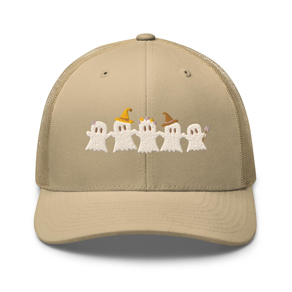a tan trucker hat with a group of ghost on it