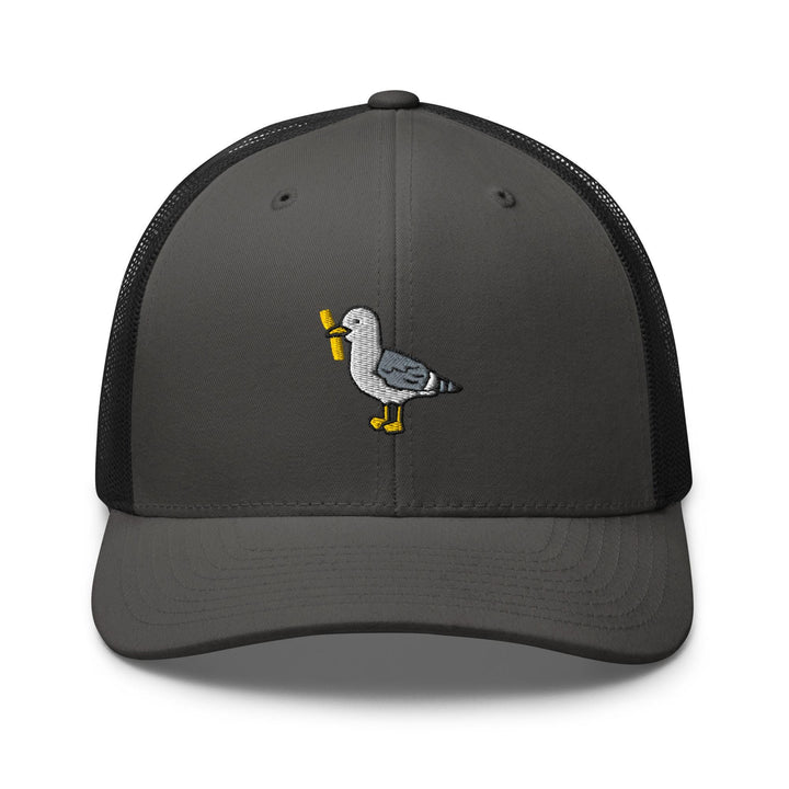 a gray and black trucker hat with a duck on it
