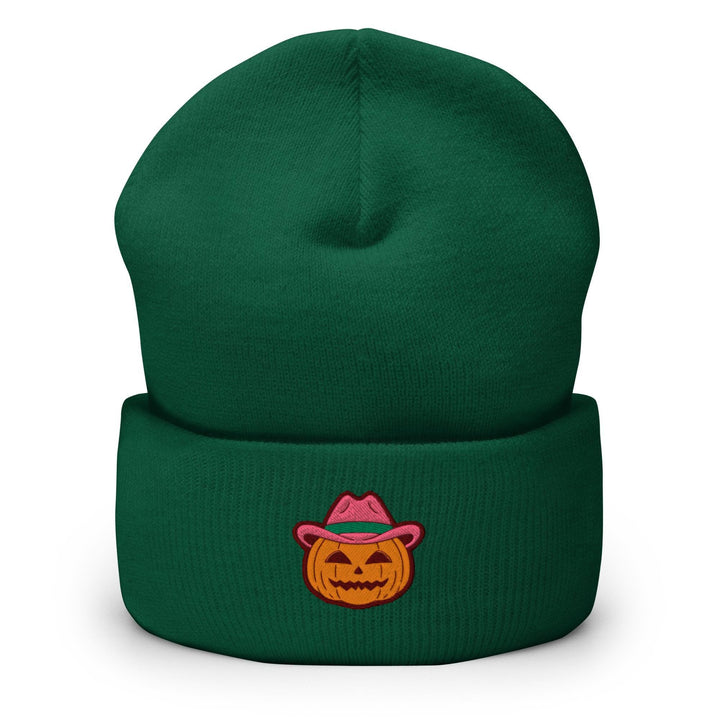 a green beanie with a pumpkin wearing a hat