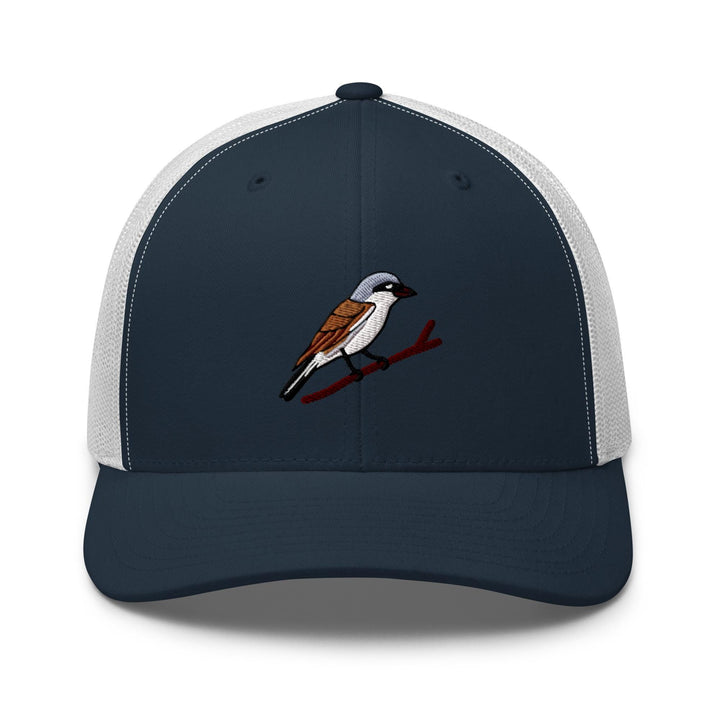 a blue and white hat with a bird on it