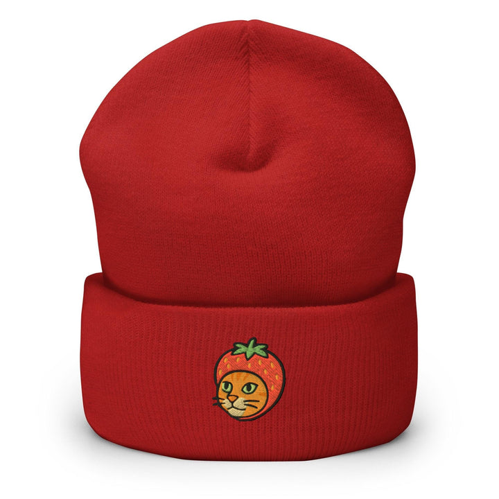 a red beanie with a picture of a cat on it