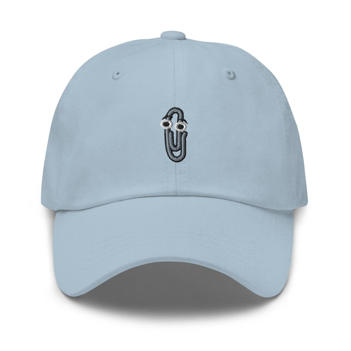 a light blue hat with a black and white logo