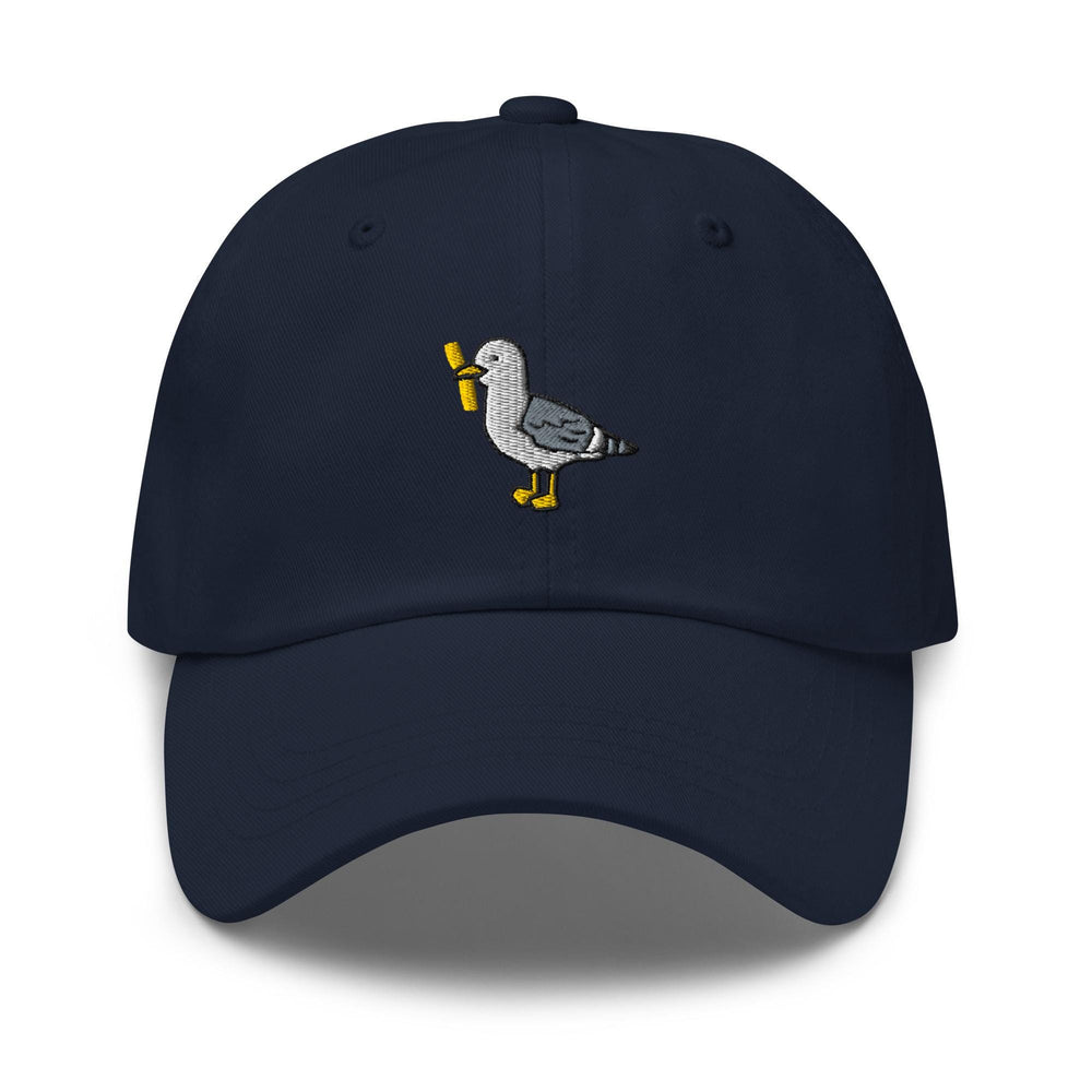 a blue hat with a bird embroidered on it