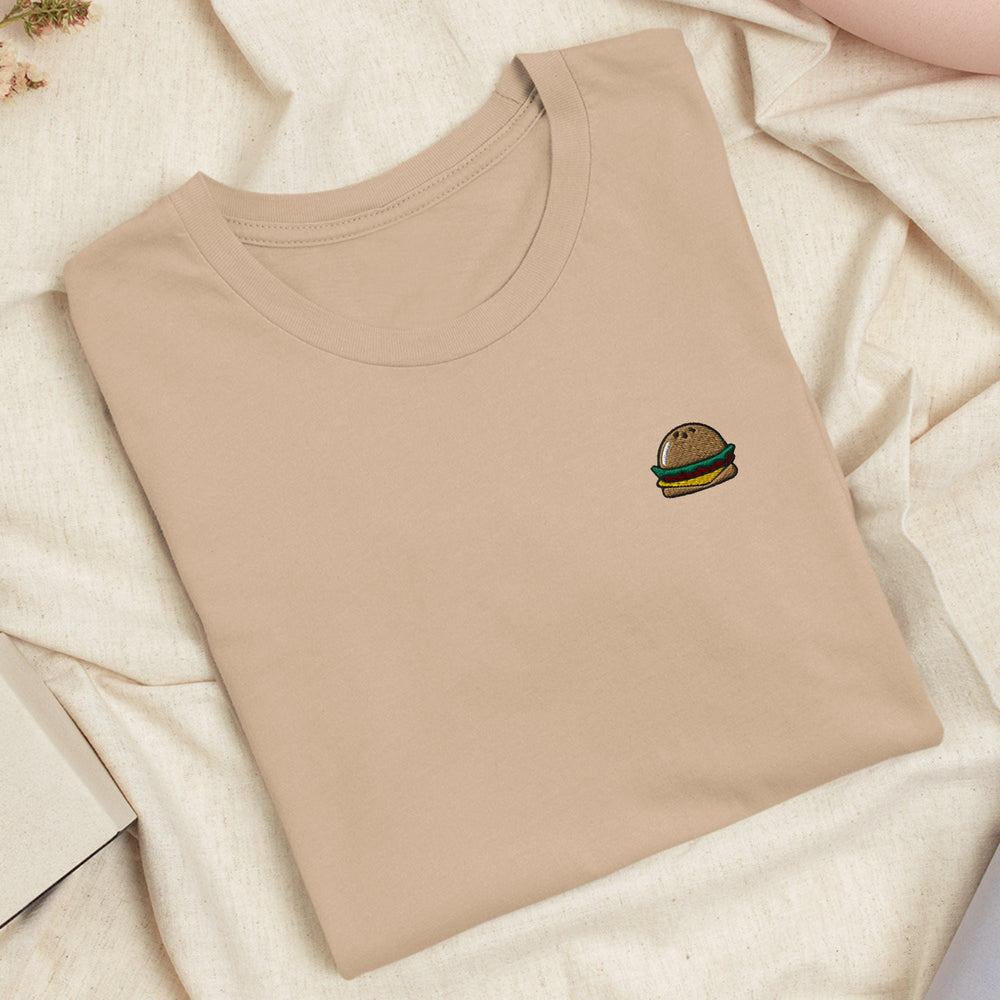 a t - shirt with a burger embroidered on it